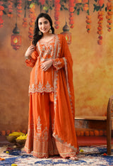 Orange Chinon Sharara Set with Matching Dupatta