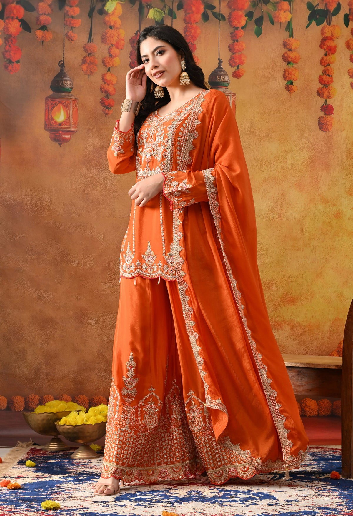 Orange Chinon Sharara Set with Matching Dupatta