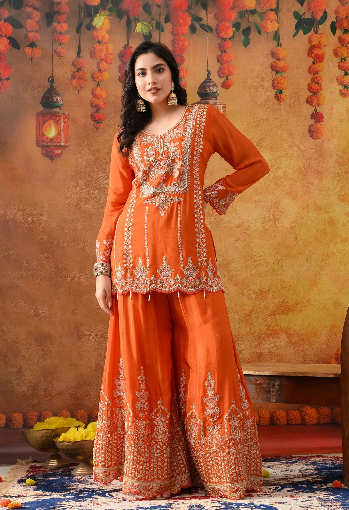 Orange Chinon Sharara Set with Matching Dupatta