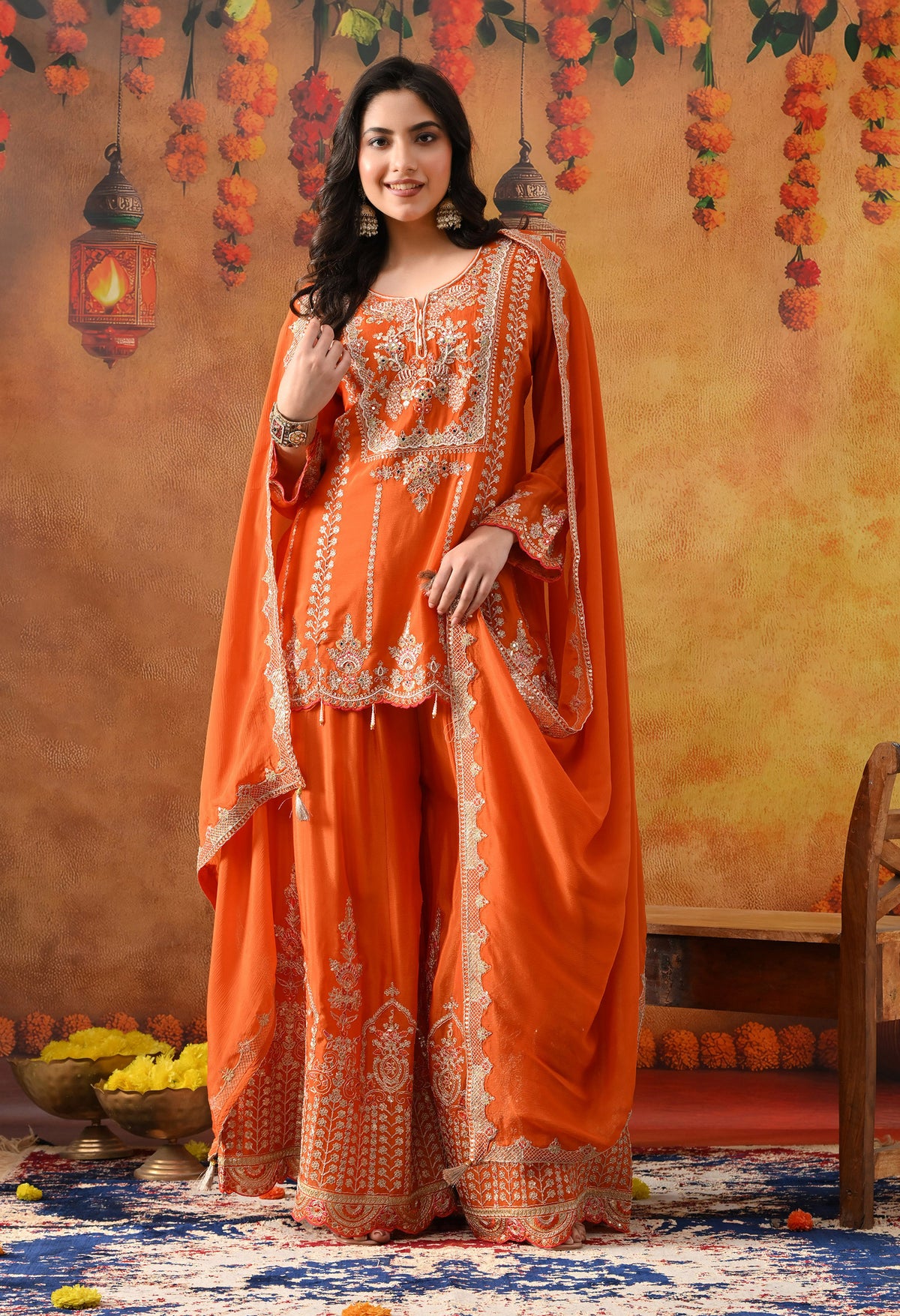 Orange Chinon Sharara Set with Matching Dupatta