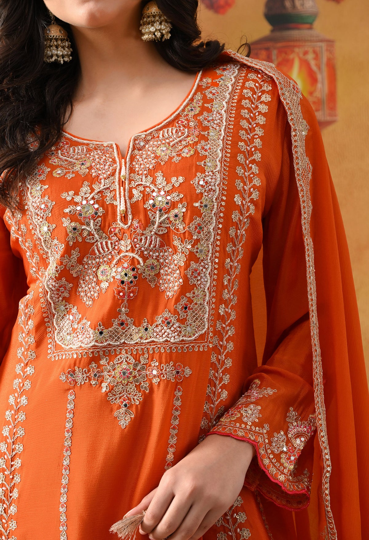 Orange Chinon Sharara Set with Matching Dupatta