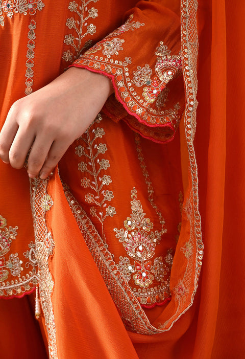 Orange Chinon Sharara Set with Matching Dupatta