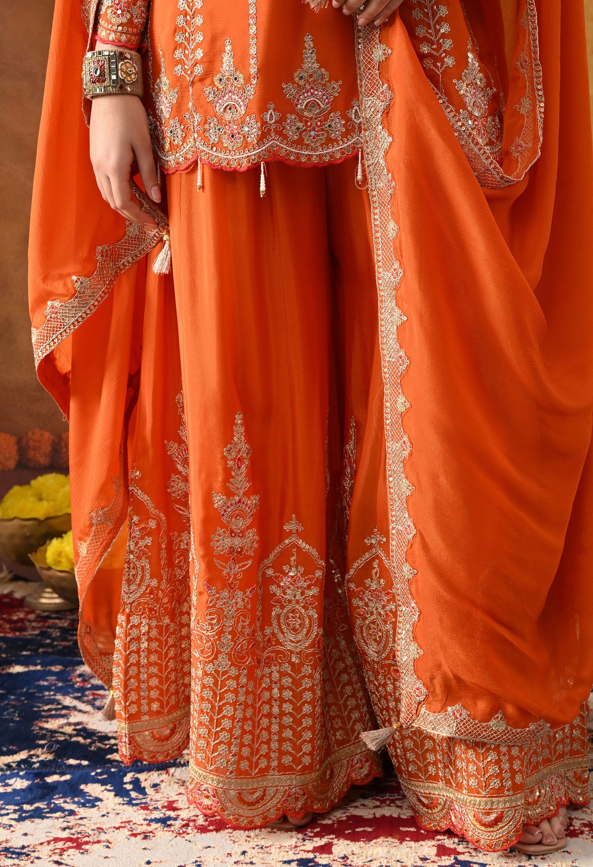Orange Chinon Sharara Set with Matching Dupatta