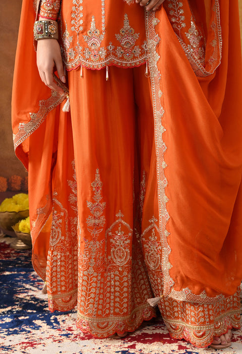 Orange Chinon Sharara Set with Matching Dupatta