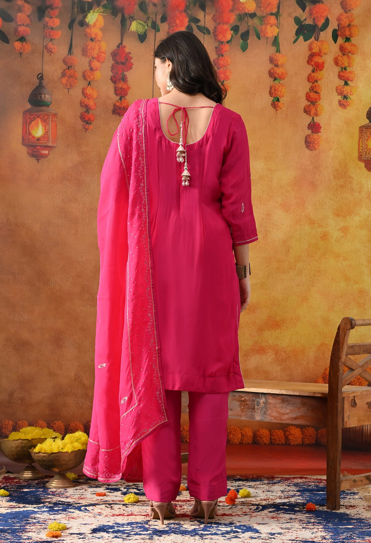 Hot Pink Organza Kurta Set with Zardozi Work