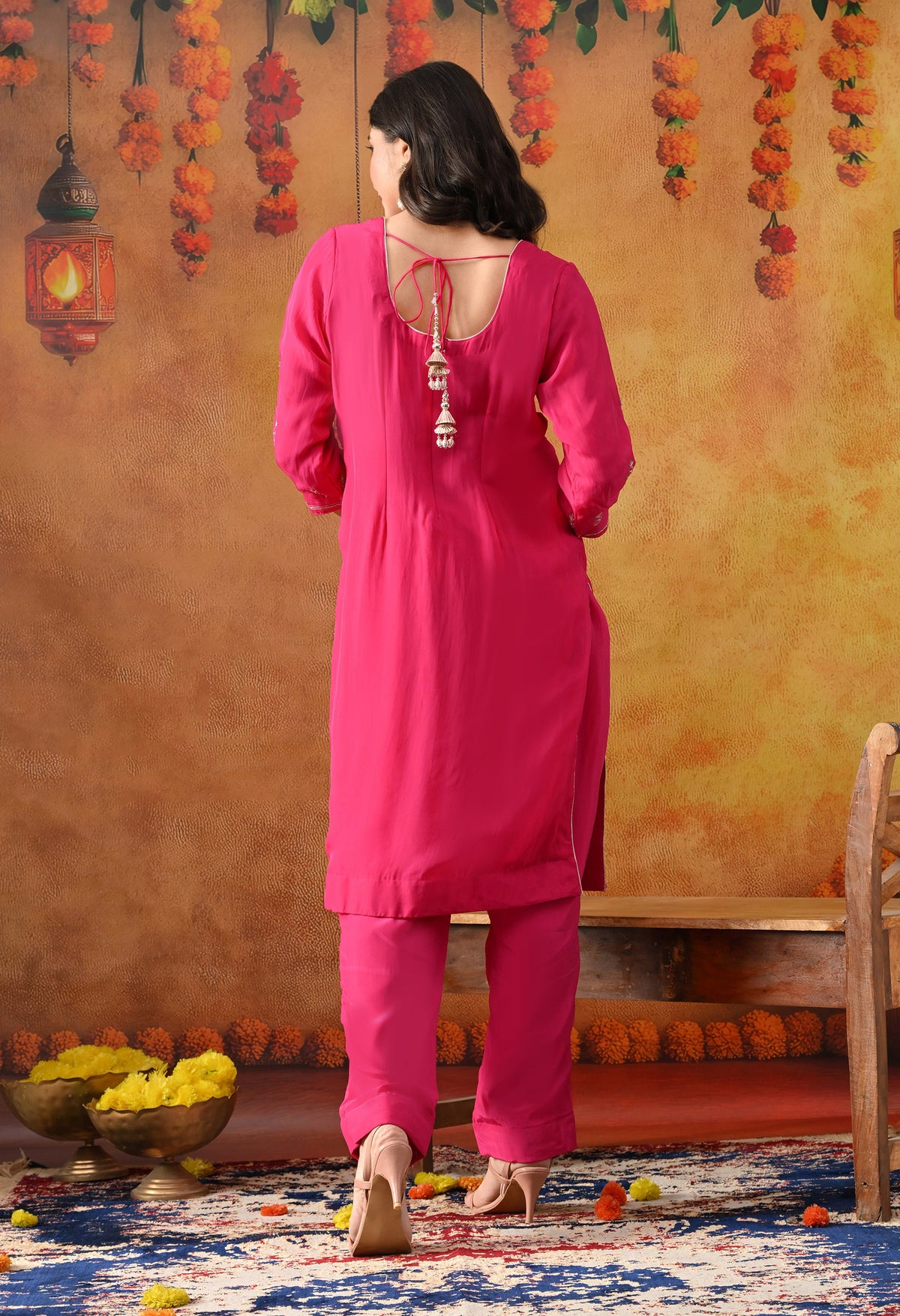 Hot Pink Organza Kurta Set with Zardozi Work
