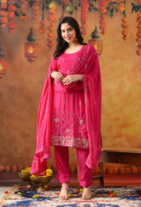 Hot Pink Organza Kurta Set with Zardozi Work