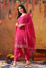 Hot Pink Organza Kurta Set with Zardozi Work