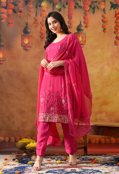 Hot Pink Organza Kurta Set with Zardozi Work