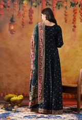 Navy Blue Silk Anarkali Set with Crepe Dupatta
