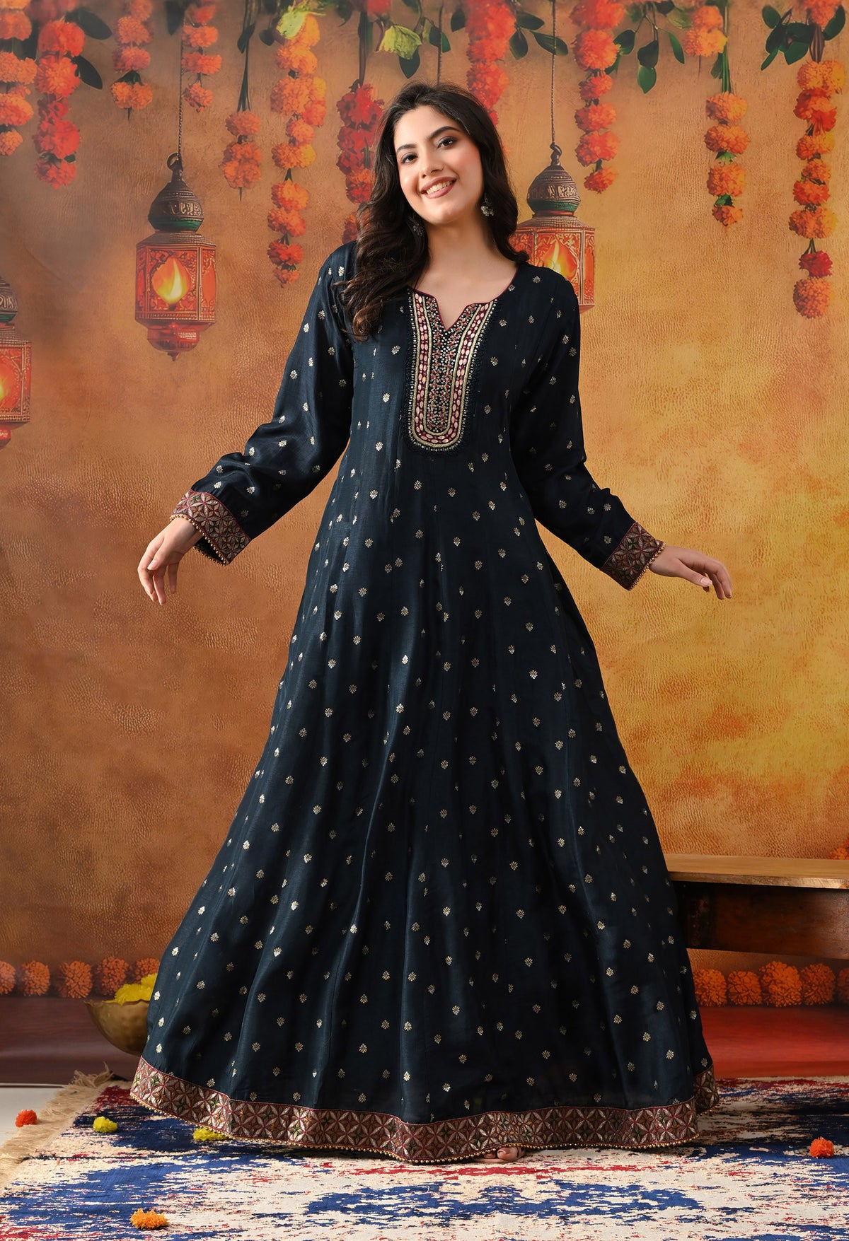 Navy Blue Silk Anarkali Set with Crepe Dupatta