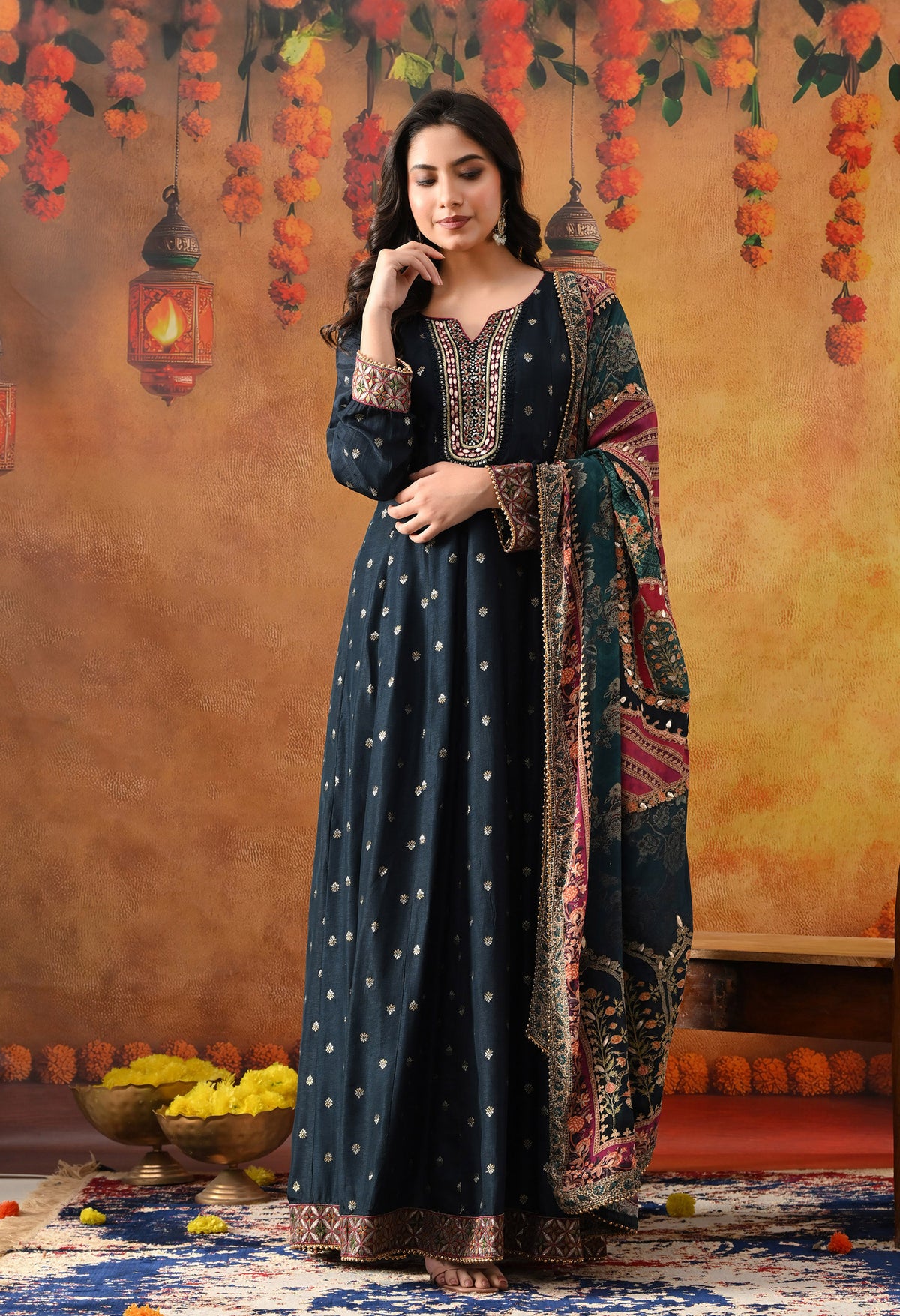 Navy Blue Silk Anarkali Set with Crepe Dupatta