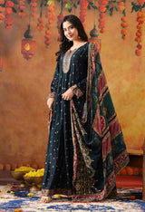 Navy Blue Silk Anarkali Set with Crepe Dupatta