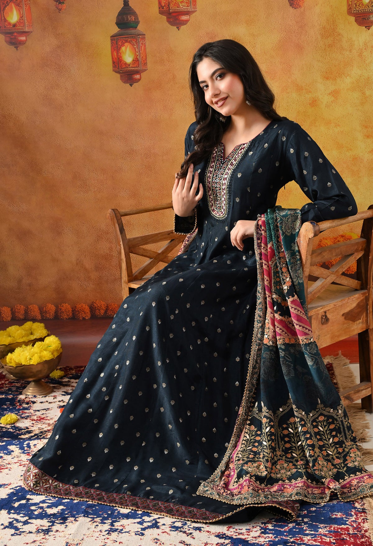 Navy Blue Silk Anarkali Set with Crepe Dupatta