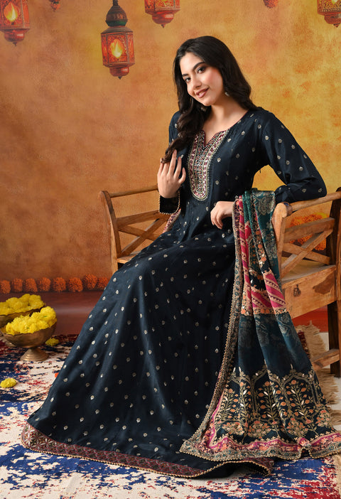 Navy Blue Silk Anarkali Set with Crepe Dupatta