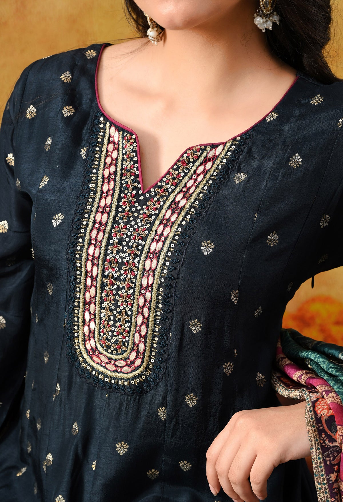 Navy Blue Silk Anarkali Set with Crepe Dupatta