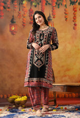 Black Chinon Kurta Set with Pink Printed Dupatta & Salwar