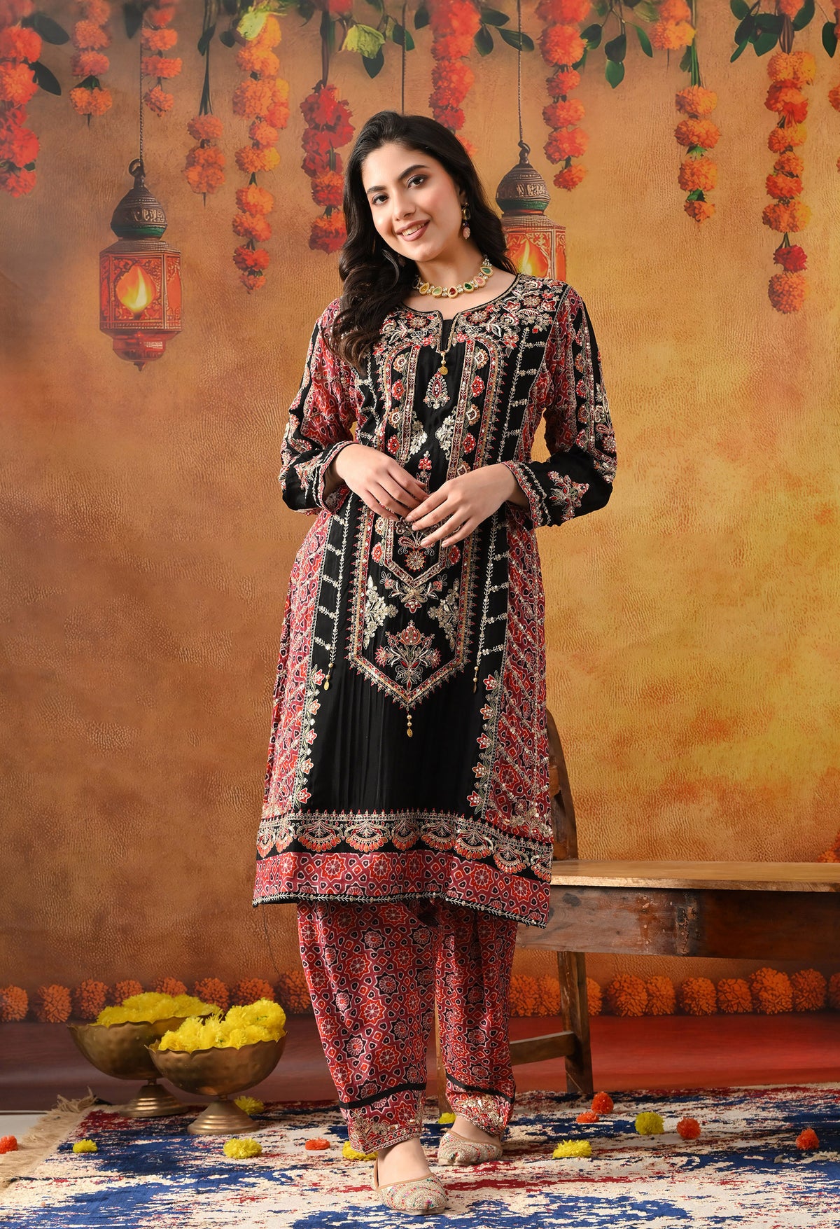Black Chinon Kurta Set with Pink Printed Dupatta & Salwar
