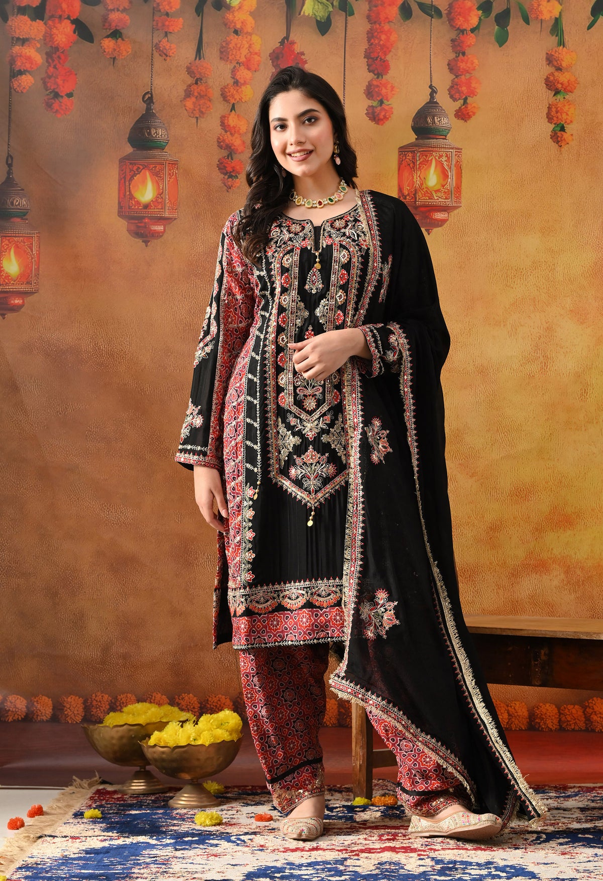Black Chinon Kurta Set with Pink Printed Dupatta & Salwar