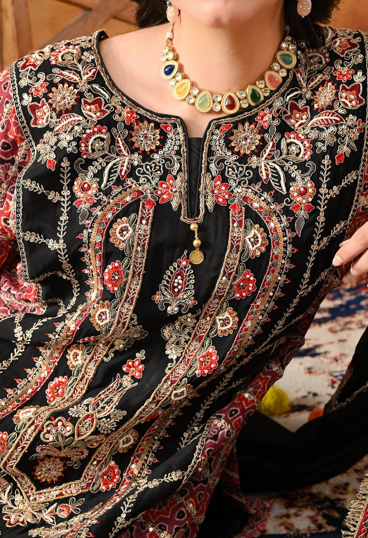 Black Chinon Kurta Set with Pink Printed Dupatta & Salwar