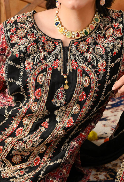 Black Chinon Kurta Set with Pink Printed Dupatta & Salwar
