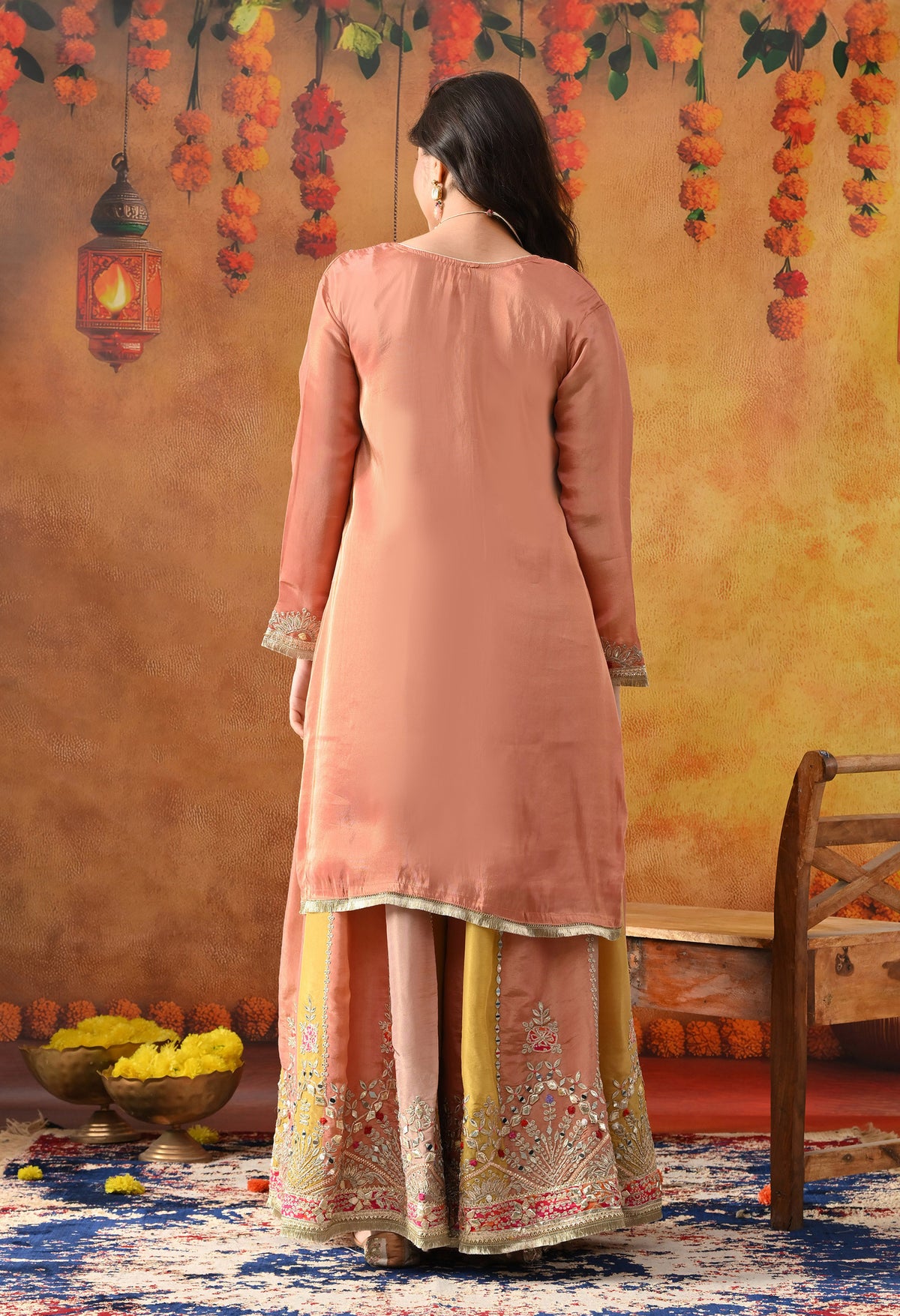 Creamy Peach Tissue Crepe Sharara Set with Multicolour Sharara & Matching Dupatta