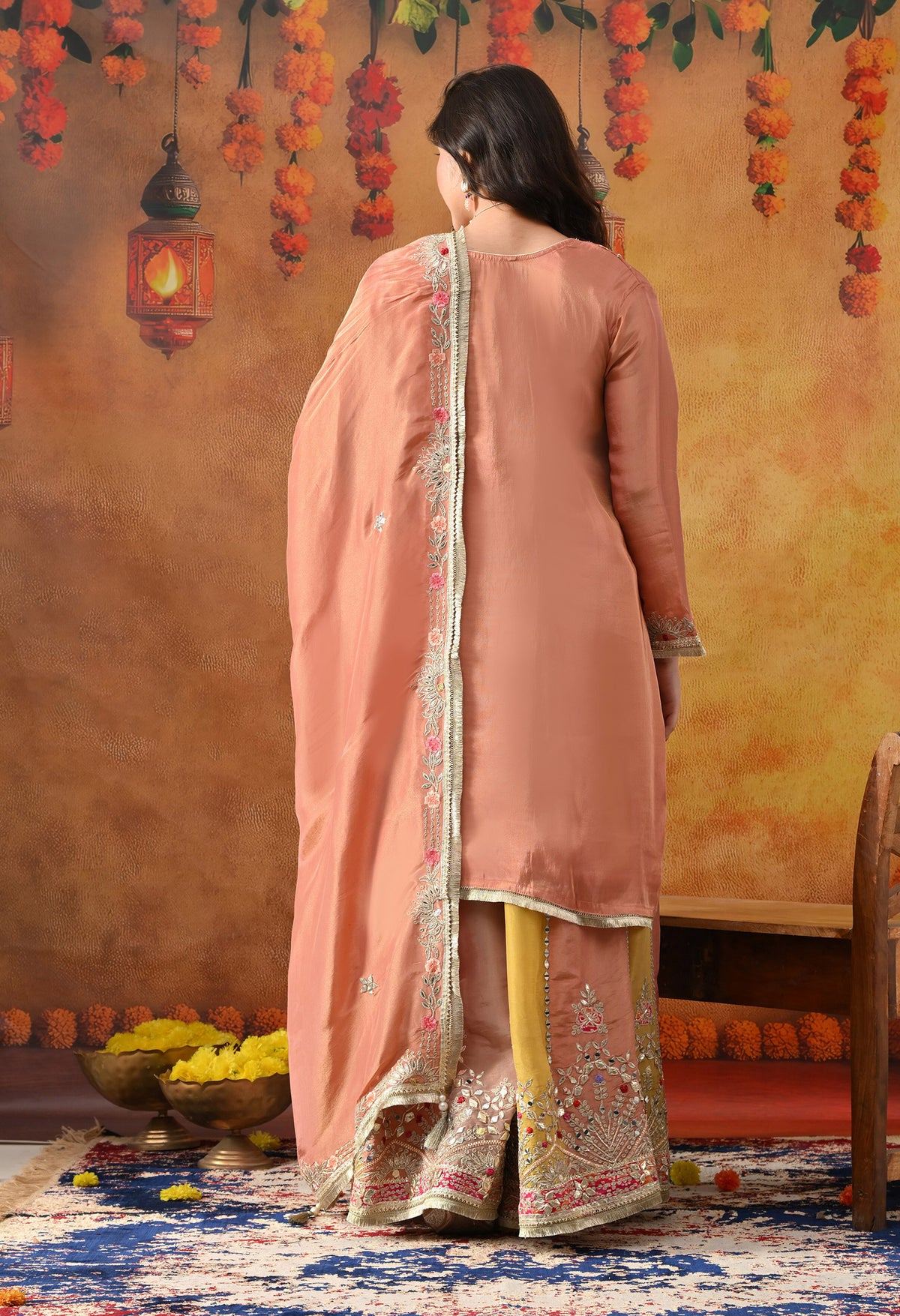 Creamy Peach Tissue Crepe Sharara Set with Multicolour Sharara & Matching Dupatta