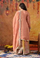 Creamy Peach Tissue Crepe Sharara Set with Multicolour Sharara & Matching Dupatta