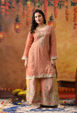Creamy Peach Tissue Crepe Sharara Set with Multicolour Sharara & Matching Dupatta