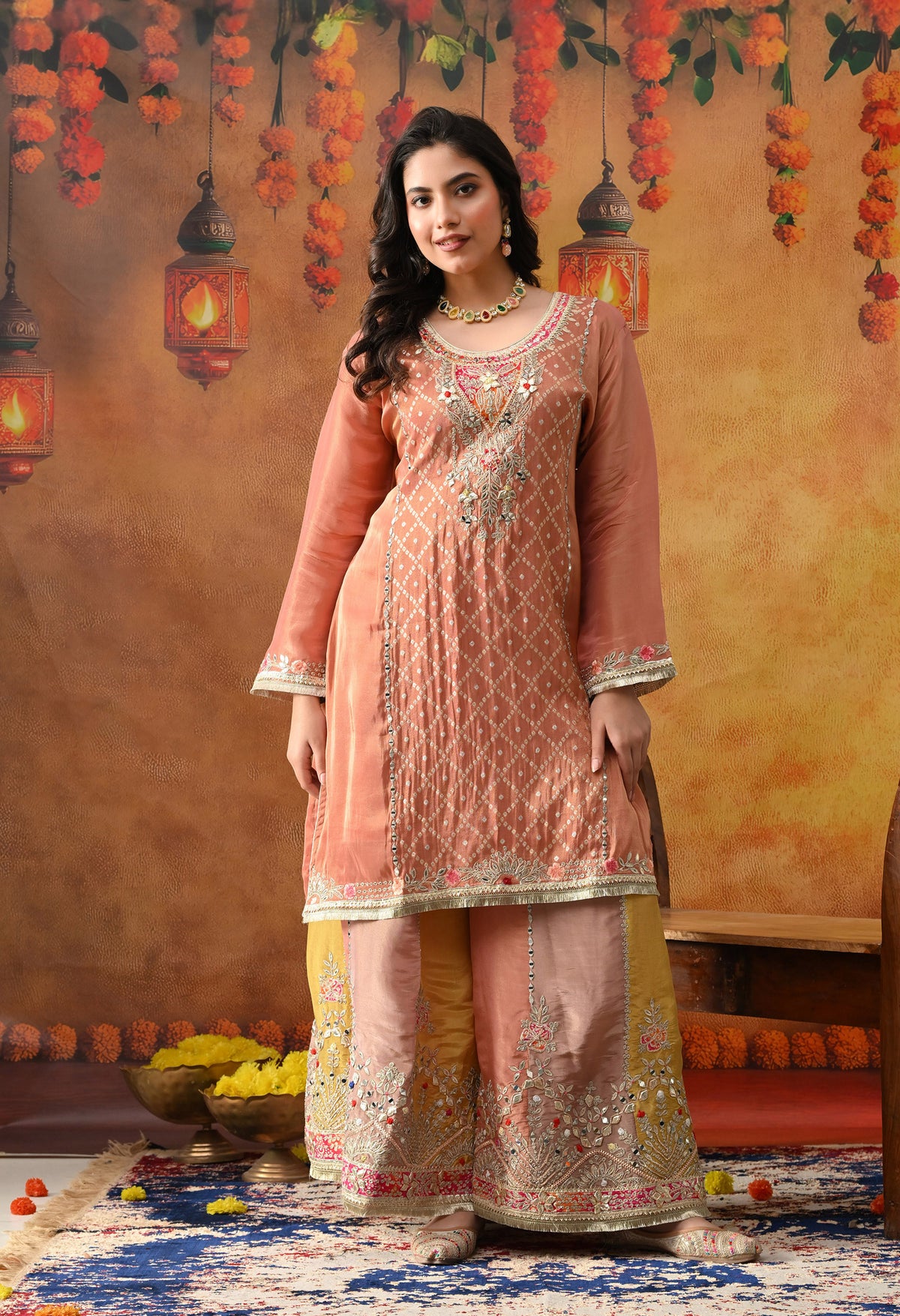 Creamy Peach Tissue Crepe Sharara Set with Multicolour Sharara & Matching Dupatta