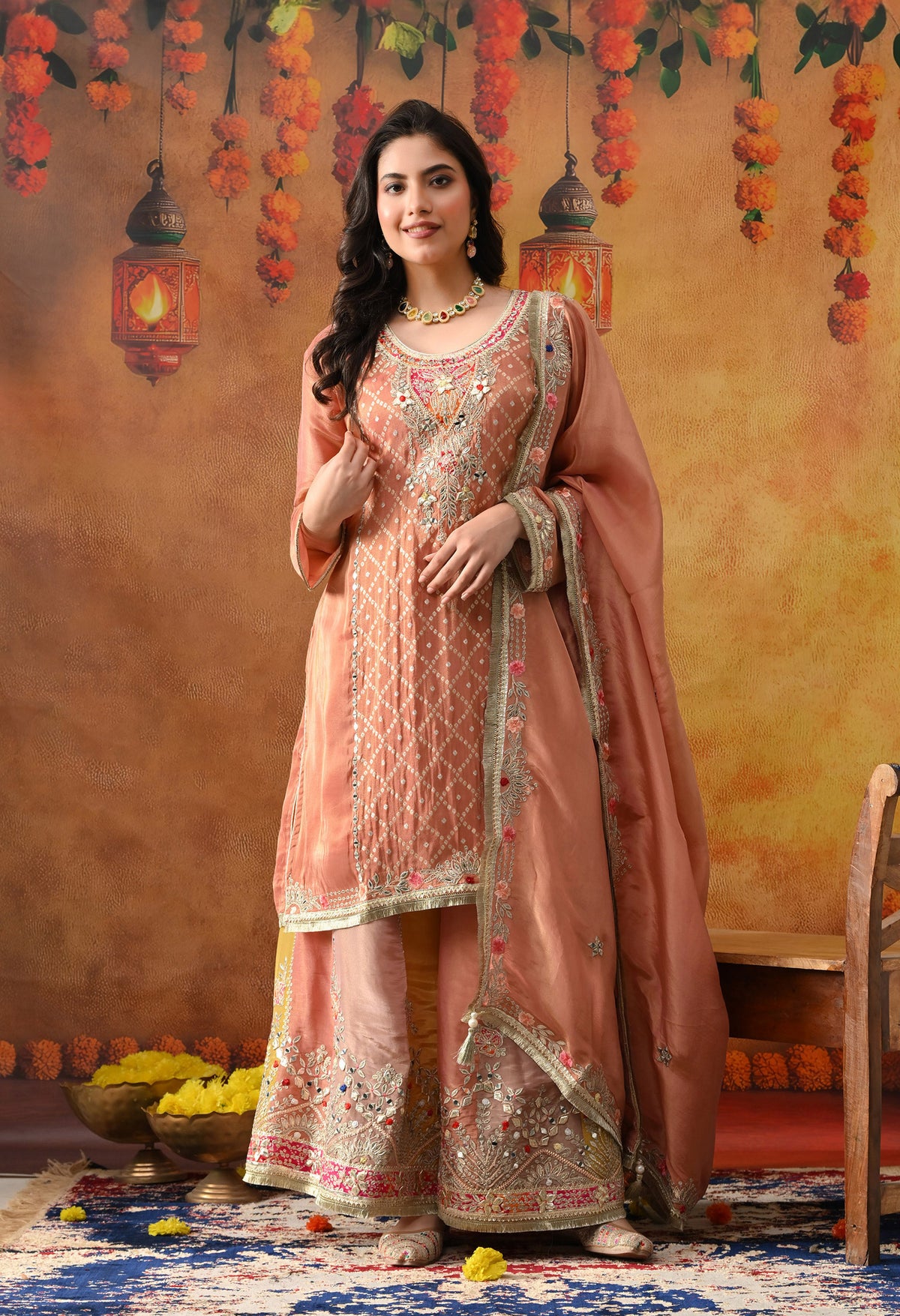 Creamy Peach Tissue Crepe Sharara Set with Multicolour Sharara & Matching Dupatta