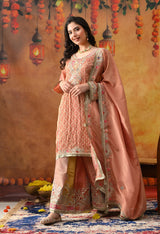 Creamy Peach Tissue Crepe Sharara Set with Multicolour Sharara & Matching Dupatta