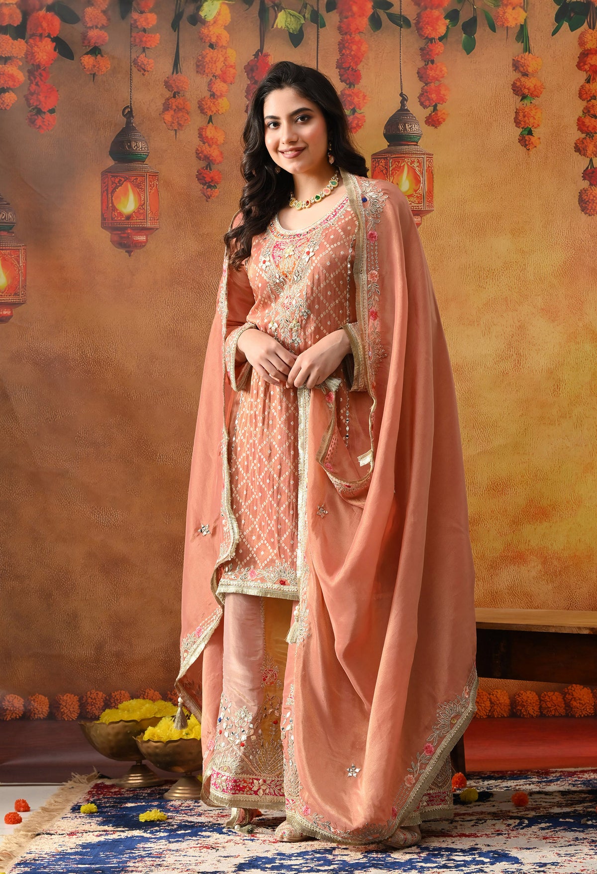 Creamy Peach Tissue Crepe Sharara Set with Multicolour Sharara & Matching Dupatta
