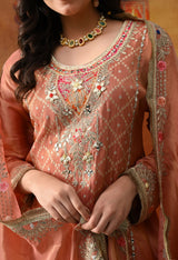 Creamy Peach Tissue Crepe Sharara Set with Multicolour Sharara & Matching Dupatta