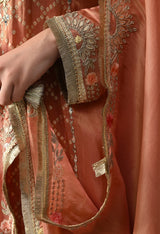 Creamy Peach Tissue Crepe Sharara Set with Multicolour Sharara & Matching Dupatta