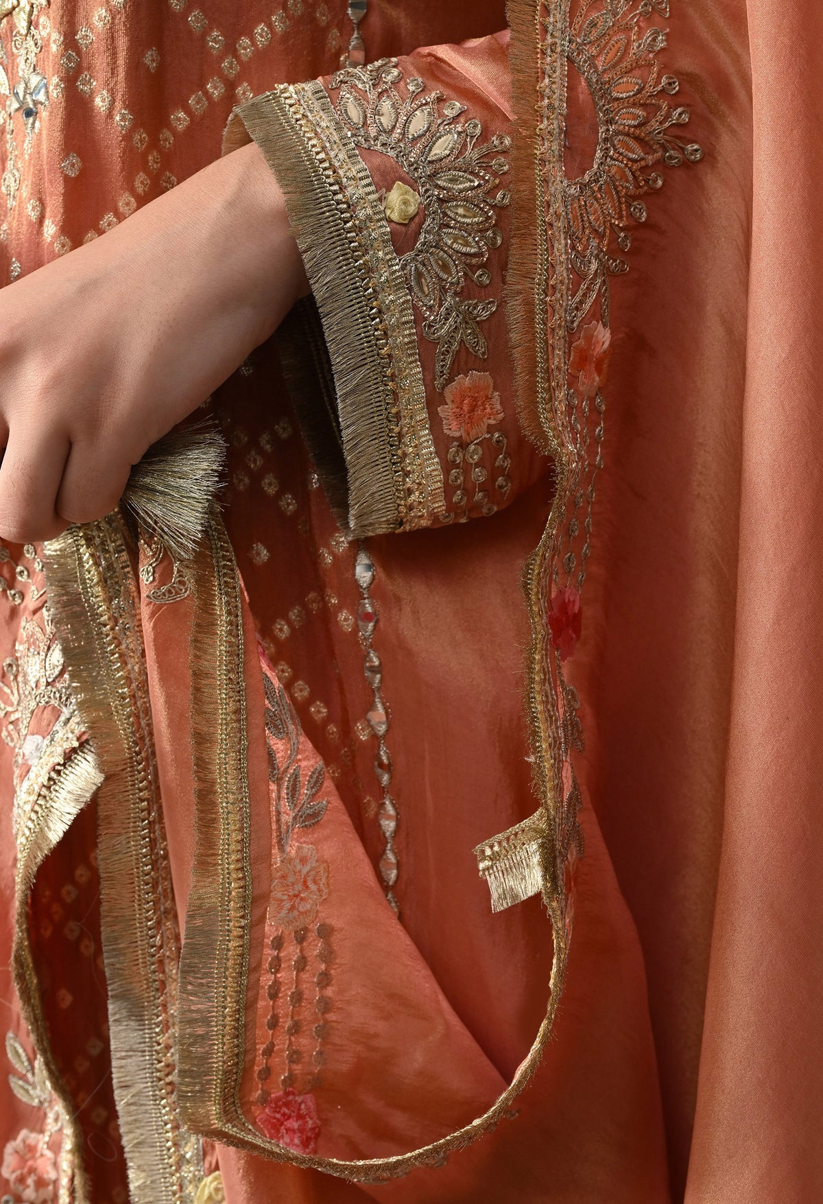 Creamy Peach Tissue Crepe Sharara Set with Multicolour Sharara & Matching Dupatta