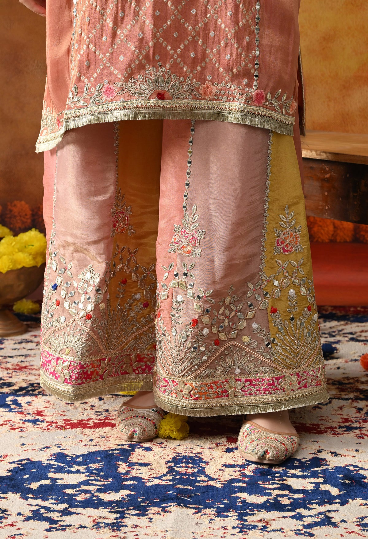 Creamy Peach Tissue Crepe Sharara Set with Multicolour Sharara & Matching Dupatta