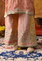Creamy Peach Tissue Crepe Sharara Set with Multicolour Sharara & Matching Dupatta