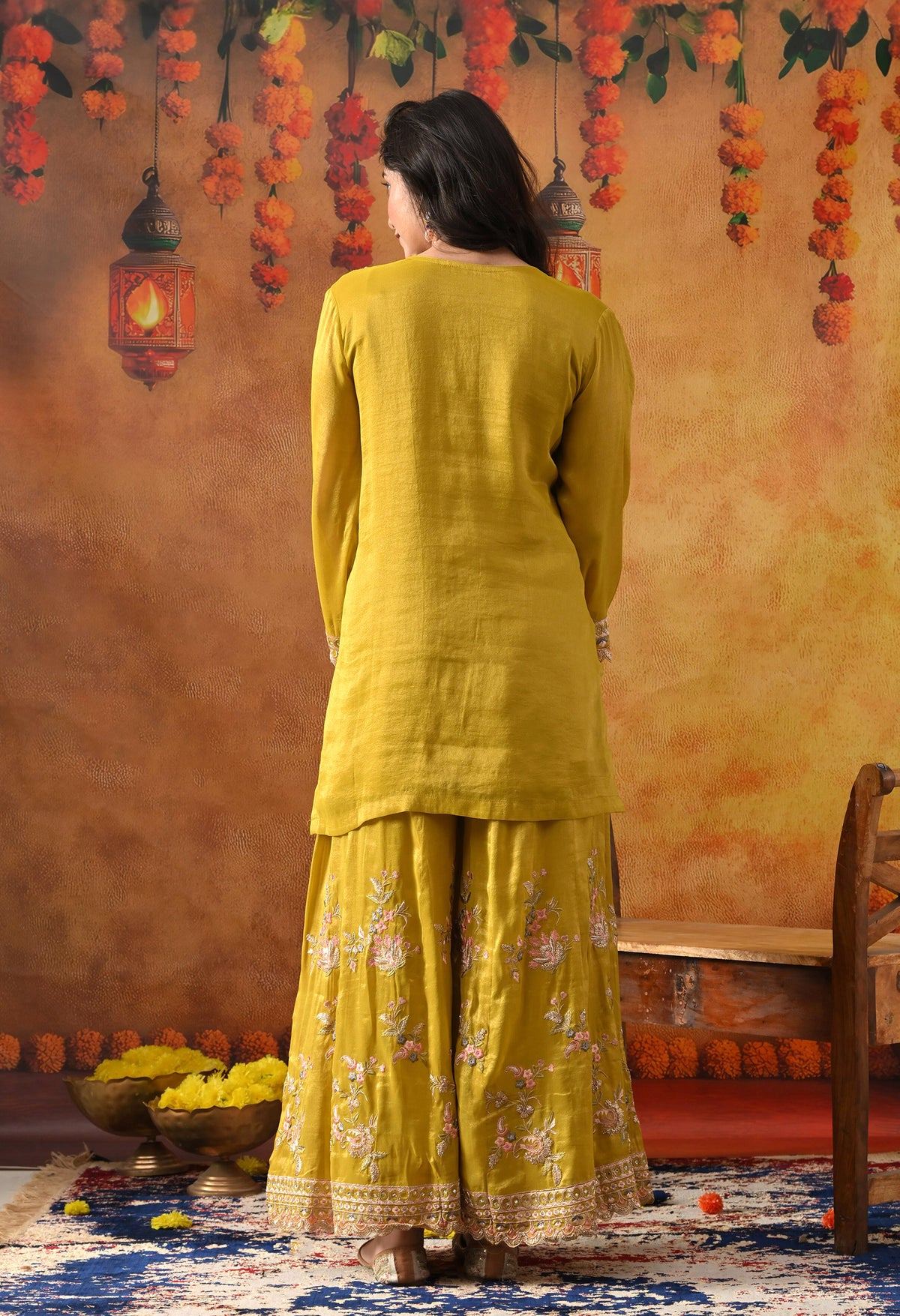 Greenish Yellow Tissue Organza Sharara Set with Matching Dupatta