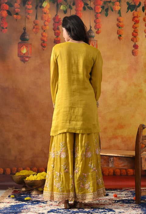 Greenish Yellow Tissue Organza Sharara Set with Matching Dupatta