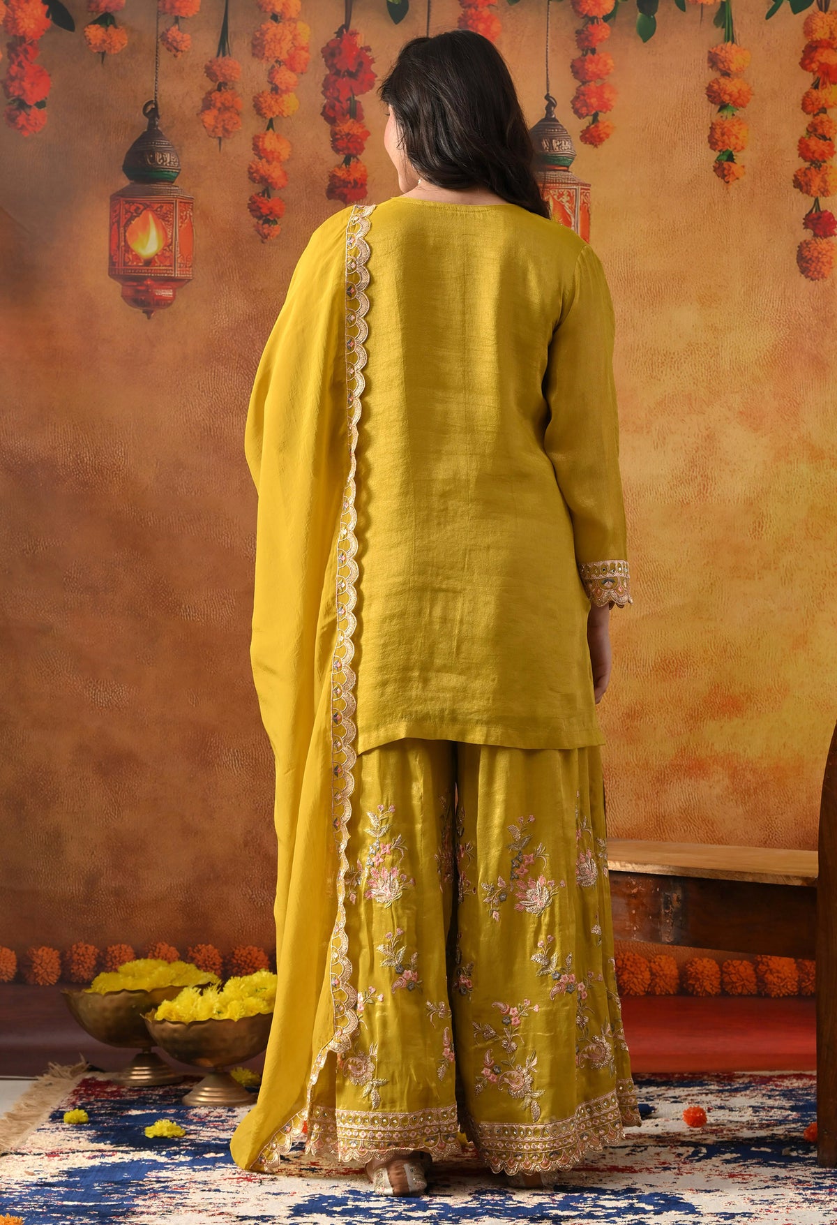 Greenish Yellow Tissue Organza Sharara Set with Matching Dupatta