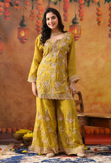 Greenish Yellow Tissue Organza Sharara Set with Matching Dupatta