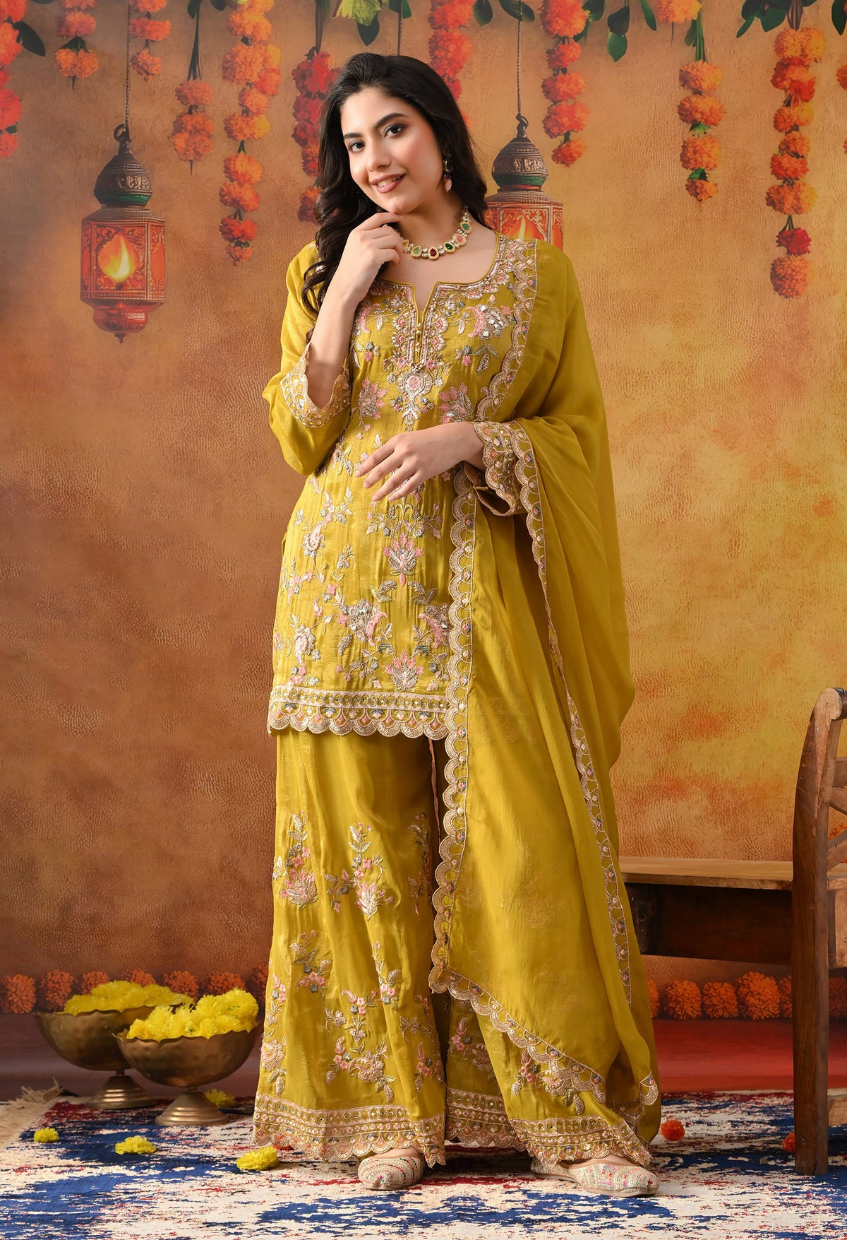 Greenish Yellow Tissue Organza Sharara Set with Matching Dupatta