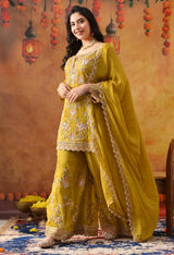 Greenish Yellow Tissue Organza Sharara Set with Matching Dupatta