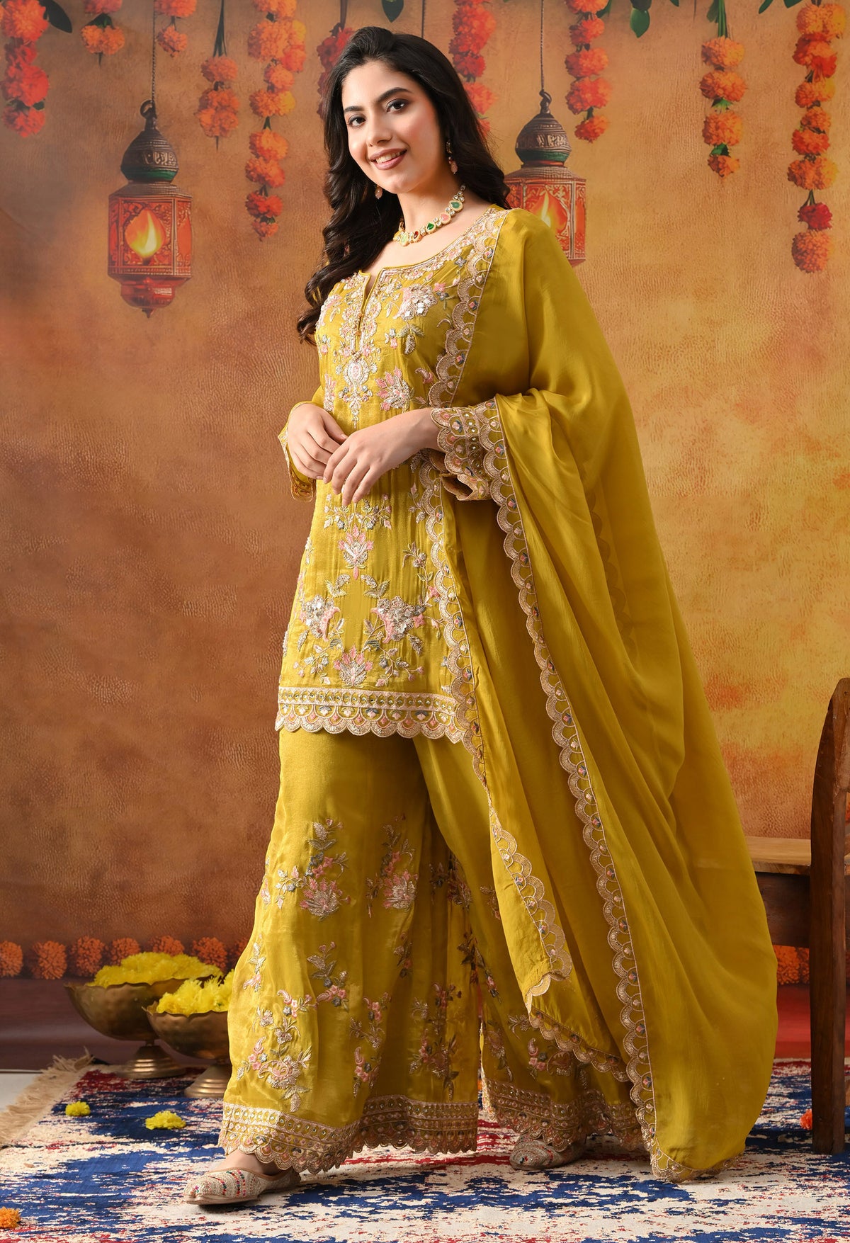 Greenish Yellow Tissue Organza Sharara Set with Matching Dupatta