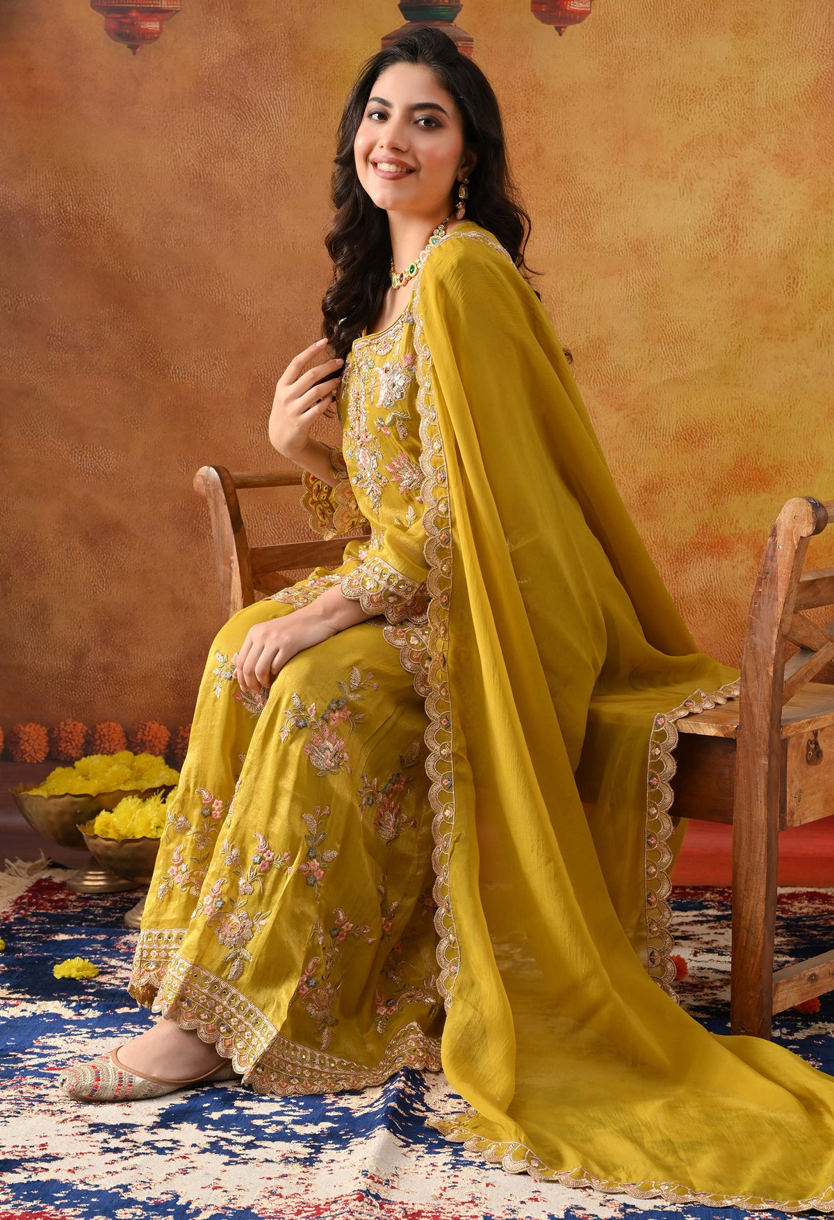 Greenish Yellow Tissue Organza Sharara Set with Matching Dupatta