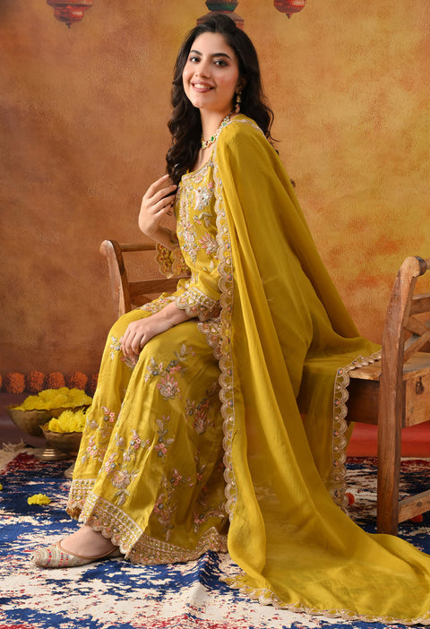 Greenish Yellow Tissue Organza Sharara Set with Matching Dupatta