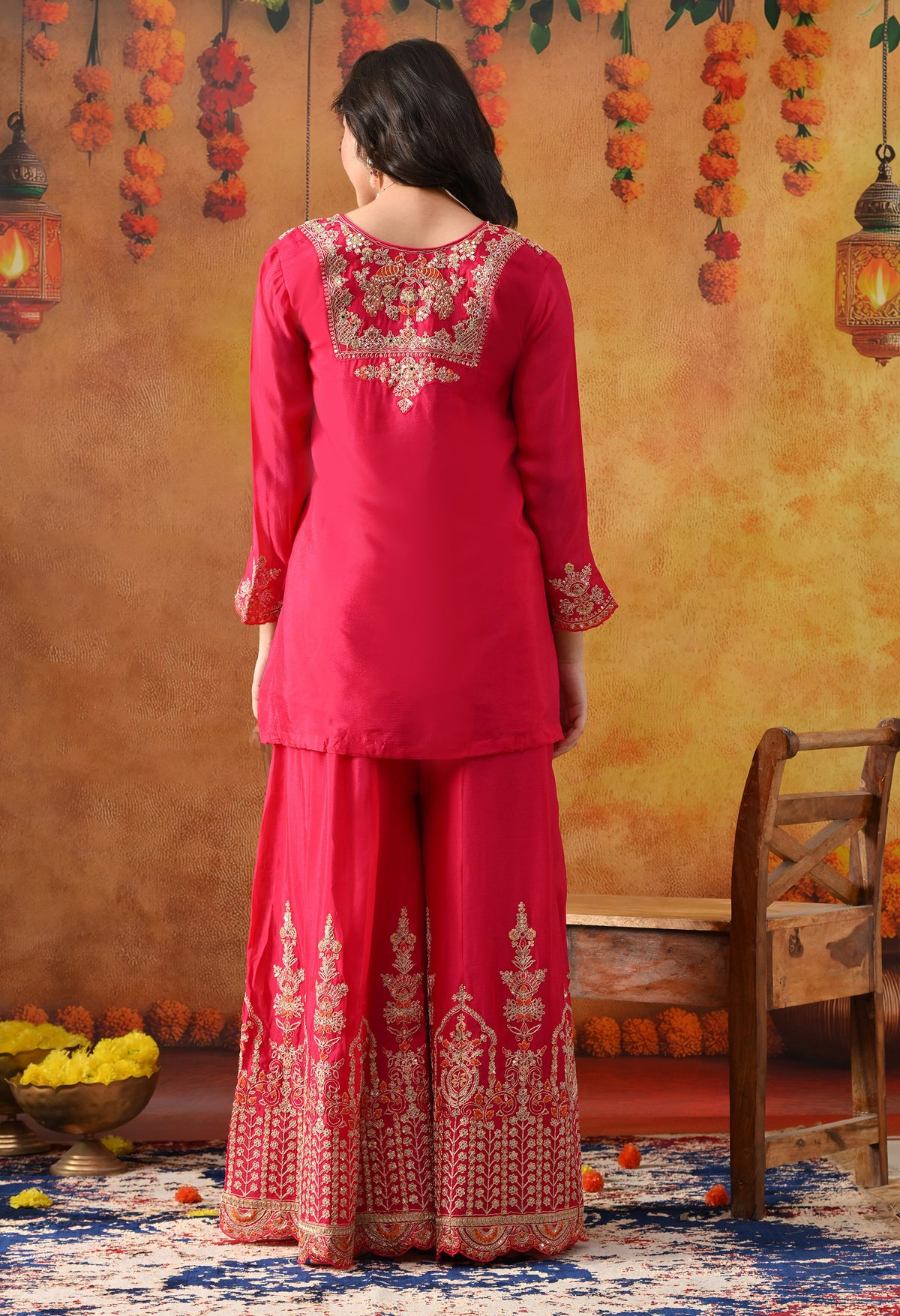 Hot Pink Chinon Sharara Set with Matching Dupatta