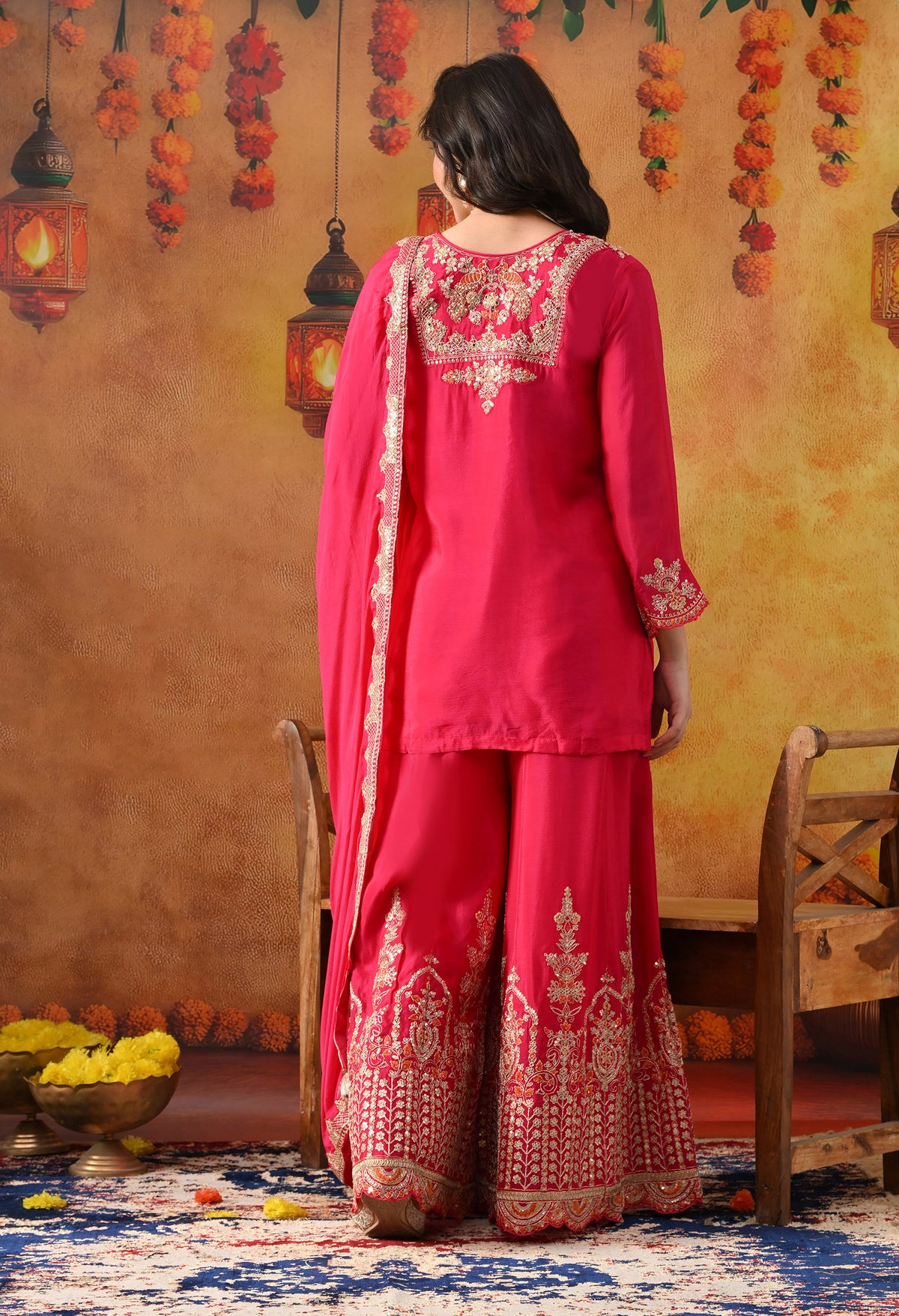 Hot Pink Chinon Sharara Set with Matching Dupatta