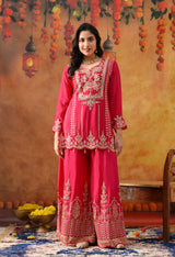 Hot Pink Chinon Sharara Set with Matching Dupatta